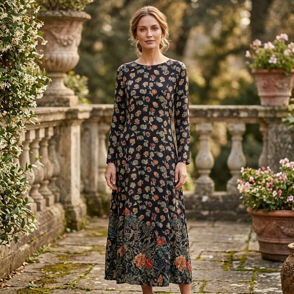 Adini Dresses & Skirts - Adini Maxi Dress Womens Sz P Black Floral Cottagecore Rayon Long Sleeve Casual‎